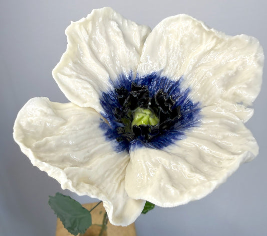 Tige de grand pavot en porcelaine émaillée bleu vif et blanche, GP-343/386/370/1-0-T