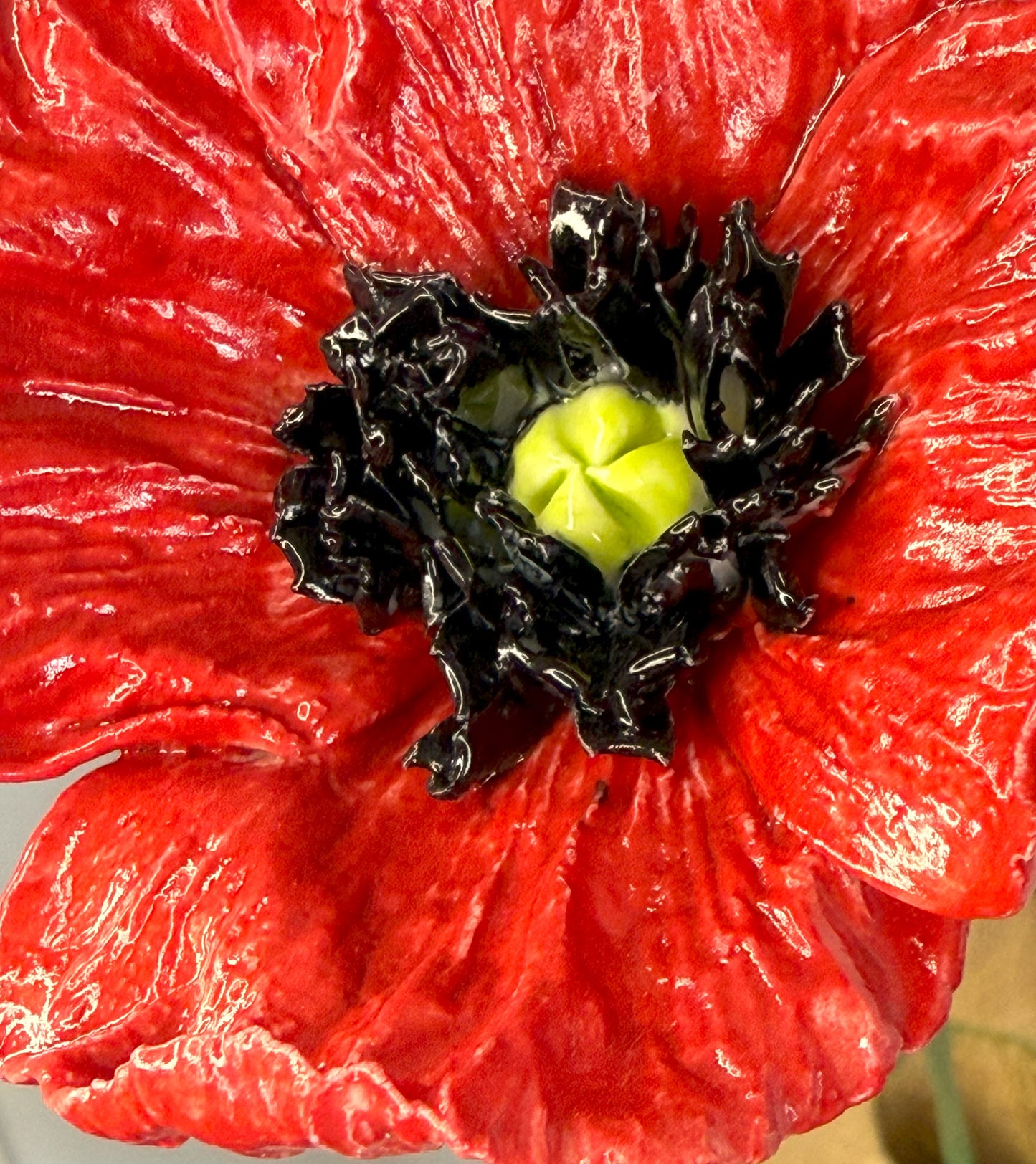 Large red glazed porcelain poppy stem, GCO-387/343/370-1-0-T